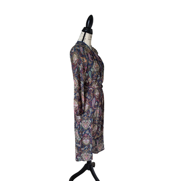 DR2 Multicolor Floral Paisley Midi Dress Long Sleeve Chiffon Belted Size M - Picture 2 of 9
